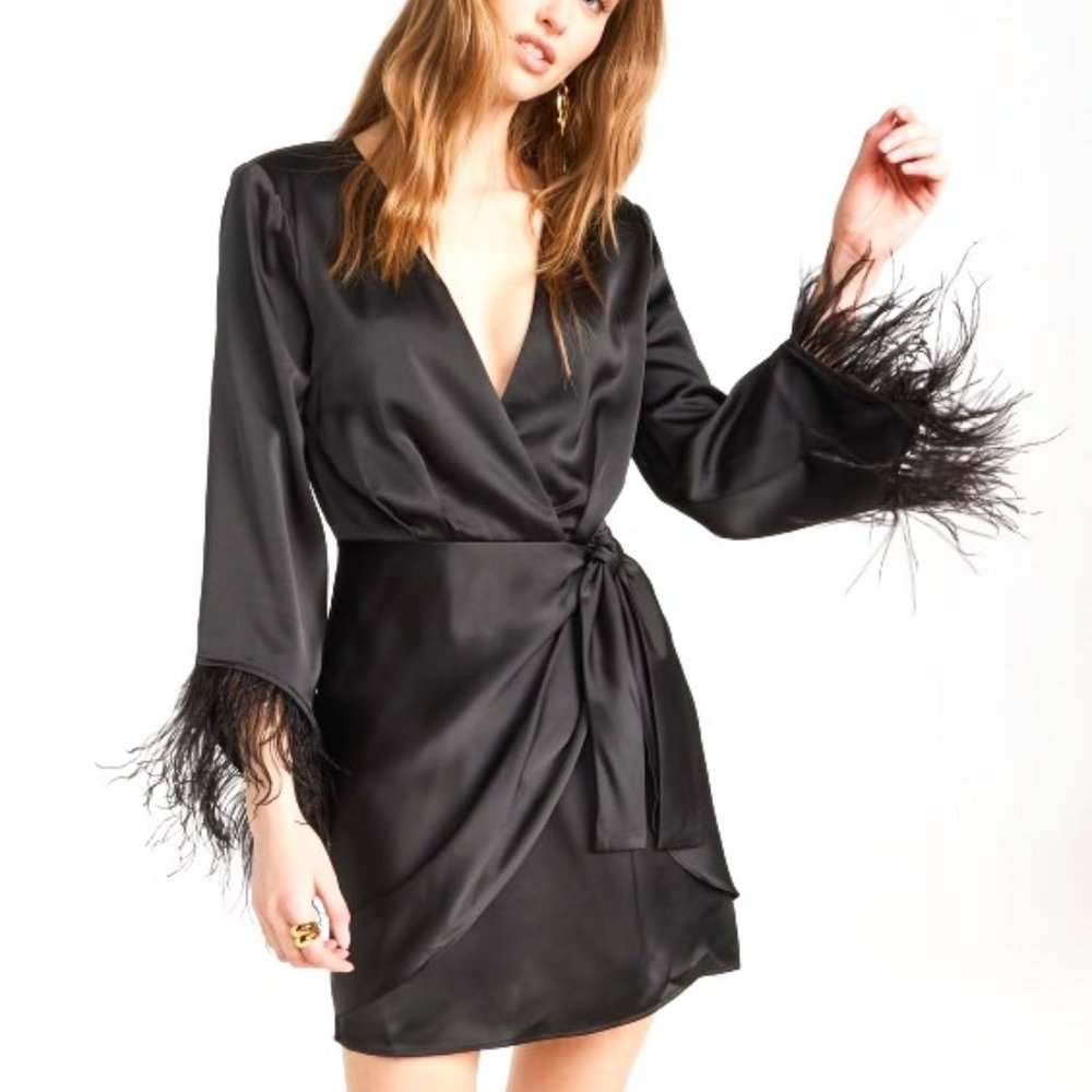 WAYF Ostrich Feather Trim Wrap Mini Dress Black Satin LBD Size XS
